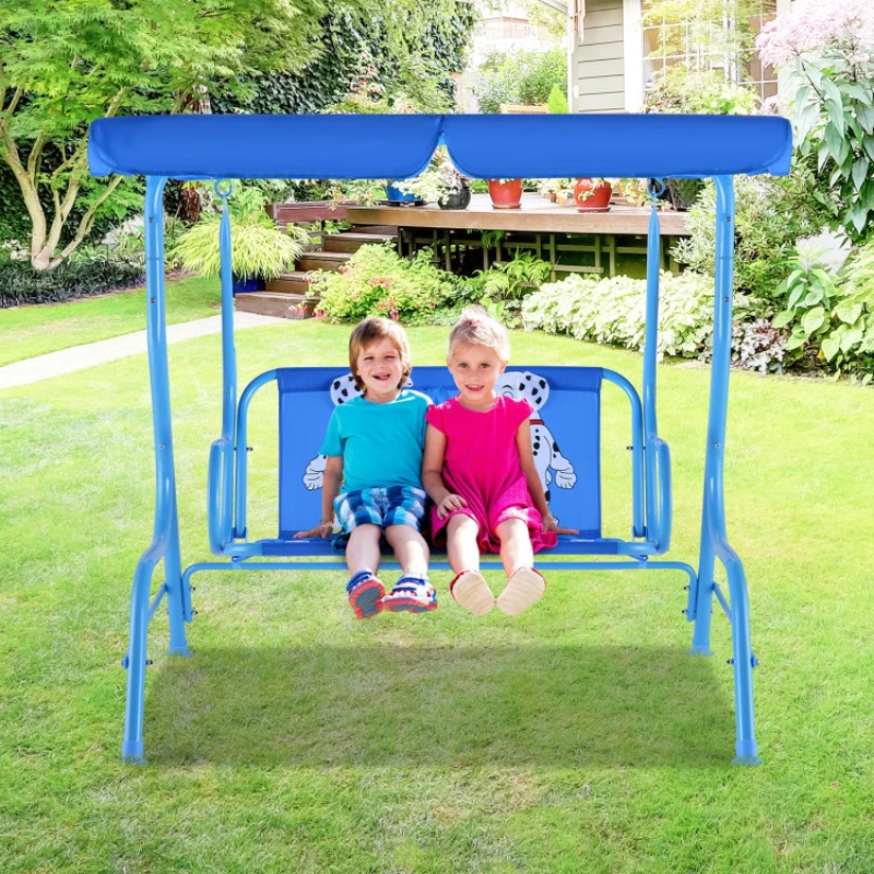 

Outdoor Kids Patio Swing Bench with Canopy 2 Seats Metal Tubular Construction Puppy Pattern Swing Chair OP3036