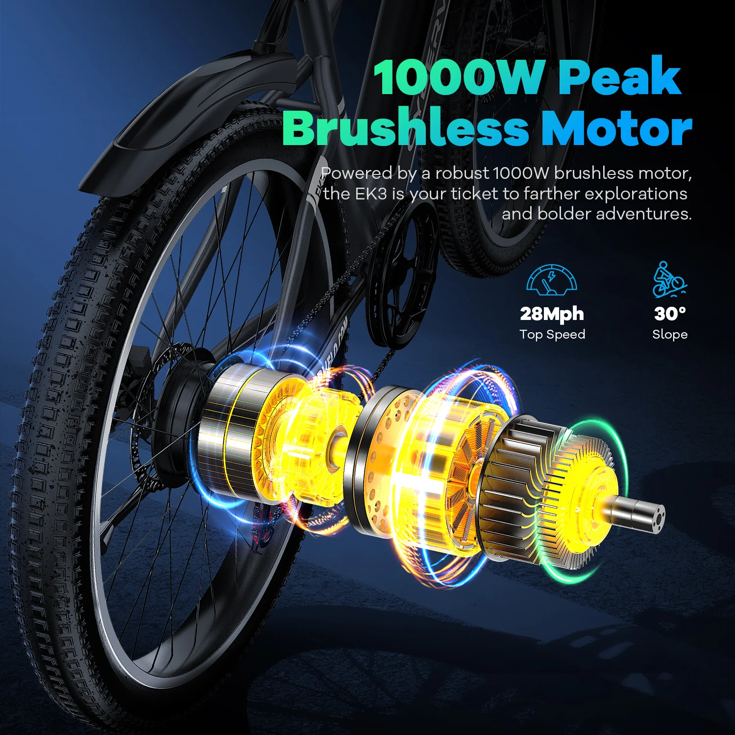 Cybervelo EK3 1000W Peak Electric Bike for Adults, 26" City travel bike, built-in 48V battery, 7-Speed shift city commute E-Bike