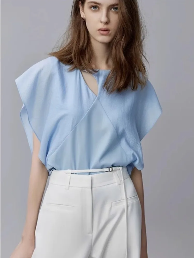 

Blue Round Necked Chiffon Shirt For Women'S Summer Wear, New Design Sense, Hollowed Out Commuting Short Sleeved Top