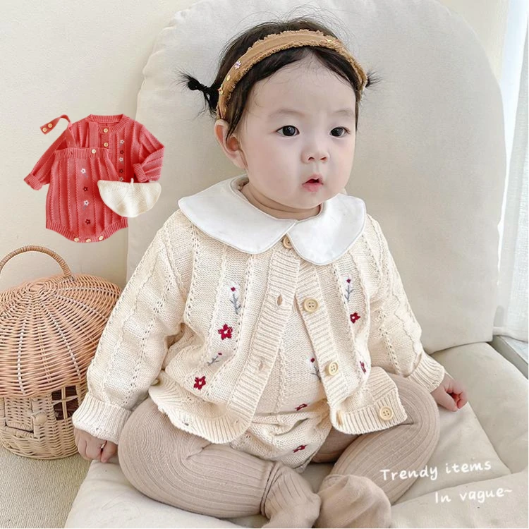 vintage Baby Bodysuits Wholesale high quality 2022 100% cotton Baby boy and girl embroidered cotton yarn knitted coat + suspender romper two-piece suit customised baby bodysuits