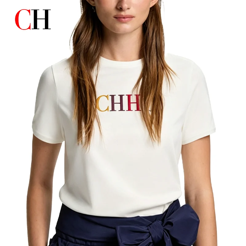 CH Damen-T-Shirt, weiß, kurzärmelig, schmale Passform, Rundhalsausschnitt, farbige Buchstabenstickerei, atmungsaktive Baumwolle, Alltags-Freizeitoberteil