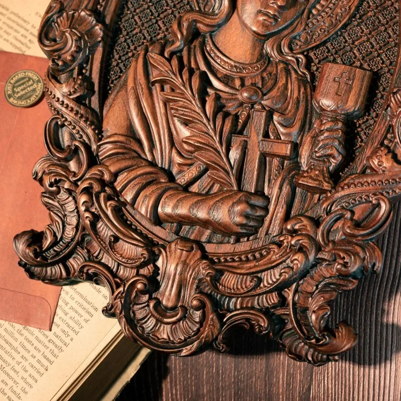 Religious Mural Saint Wood Carving Patron, Home Interior Wall Decor Relief Gift