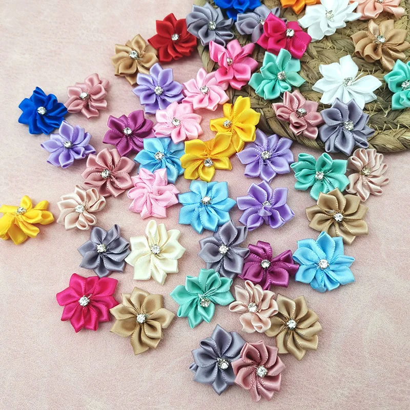 Description Picture 4 of item(50pcs/pack) 25mm Inlaid Rhinestones Small Handmade DIY Satin Ribbon Flowers Head Decorate Clothes To Make Wedding Invitations