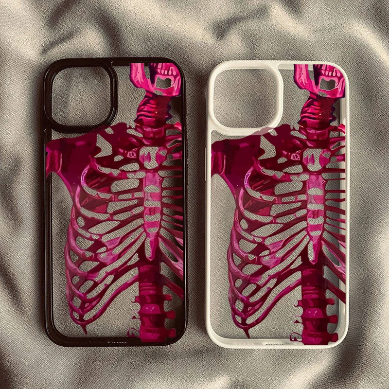 Pink Purple Skull Transparent Phone Case with Y2K Skeleton Print
