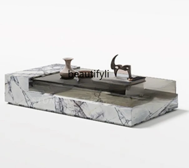 

Italian Minimalist Natural Marble Coffee Table TV Cabinet Glass Modern Living Room Small Apartment Light Luxury High Sense