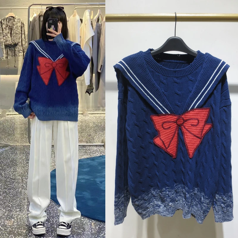 

Fall 2022 new navy collar blue gradual retro bow sweater knit women's design feeling pullover top