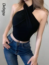 

Darlingaga Fashion Elegant Black Skinny Halter Top Female Cropped Backless Criss-Cross Summer Sexy Tops Club Party Off Shoulder