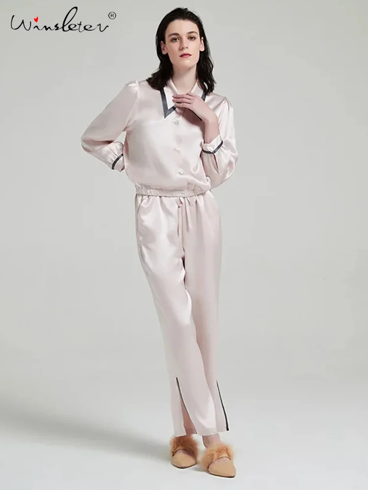 

Long Sleeve Turndown Collar Solid,19MM 100%Real Silk Pajama Set,Breathable Comfortable Loungewear,2024 Spring New,S30631QM