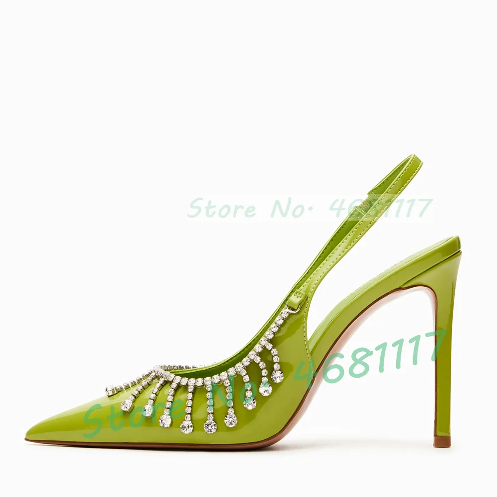 Women Crystal Pendant Tassel Sexy Pointed Sandals Bling Slingback Stiletto High Heels Summer Party Patent Leather Novelty