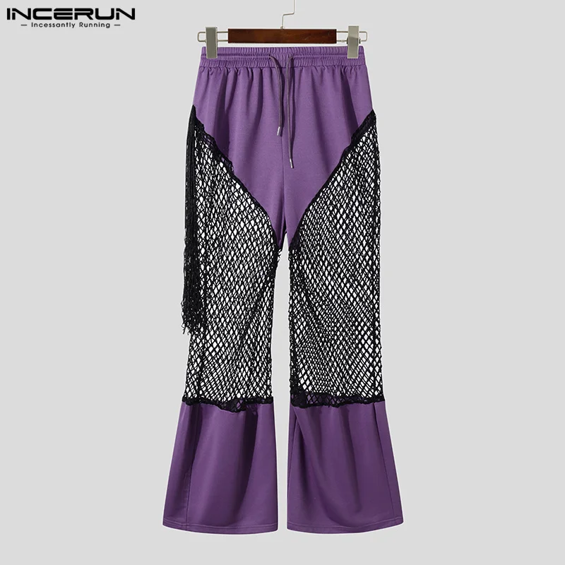 Fashion Casual Style Men's Trousers INCERUN Mesh Splicing Hollow Perspective Long Pant Streetwear Male Drawstring Pantalons 2025 4