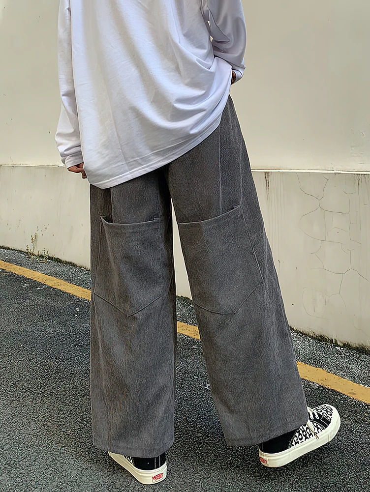 

Streetwear Corduroy Casual Pants Men Designer Back Pocket Korean Pink Sport Straight Wide Baggy Long Trousers 2023 Autumn New