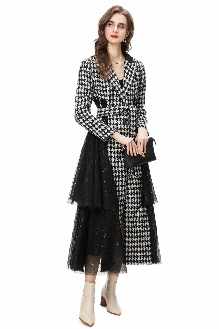 Women's Runway Trench Coats Notched Collar Long Sleeves Double Breasted Printed Patchwork Fashion Windbreaker Outerwear
