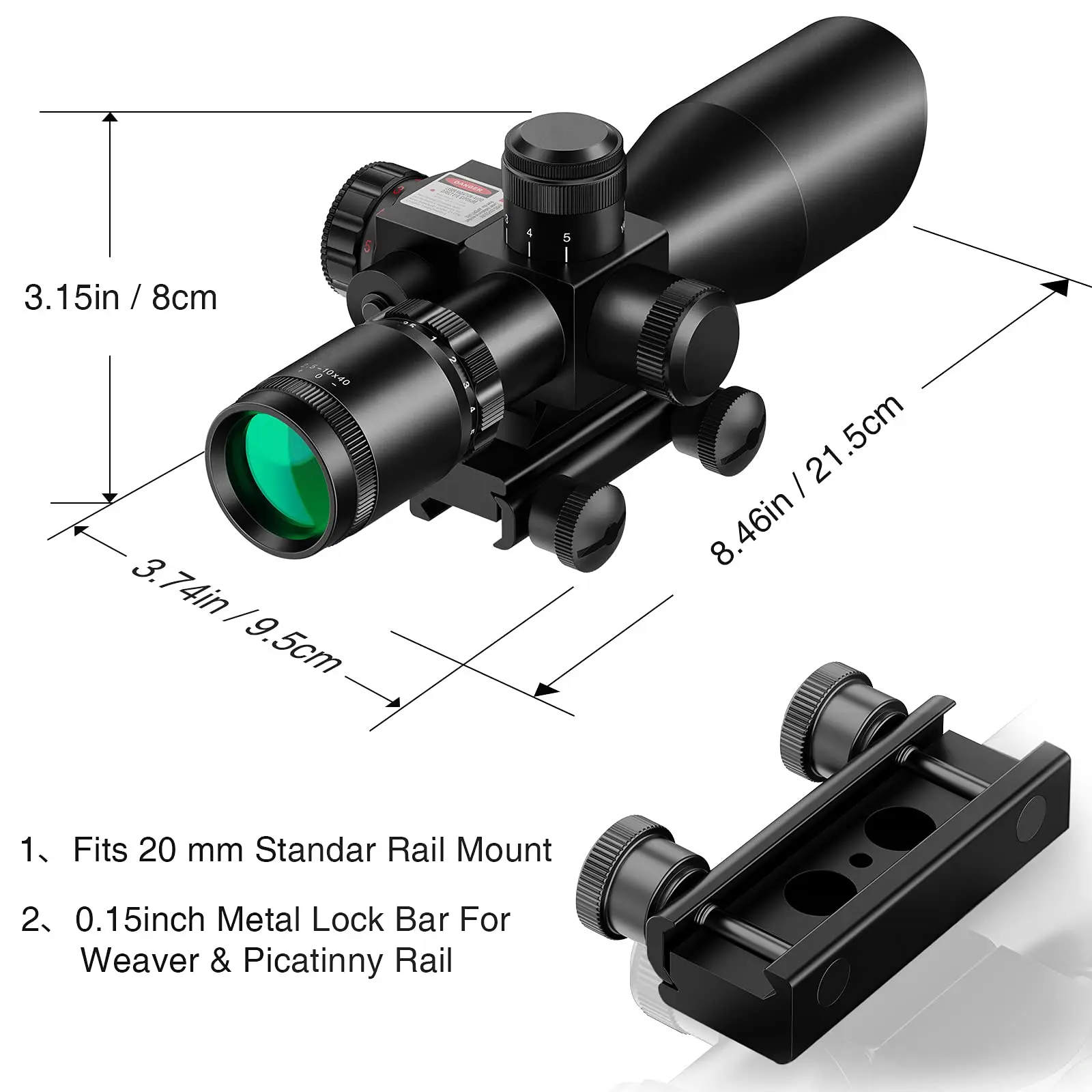 MidTen 2.5-10x40 Red Green Illuminated Mil-dot Scope 20mm Picatinny Fit Rifle with Laser Sight Combo-Green Lens Color Mounts