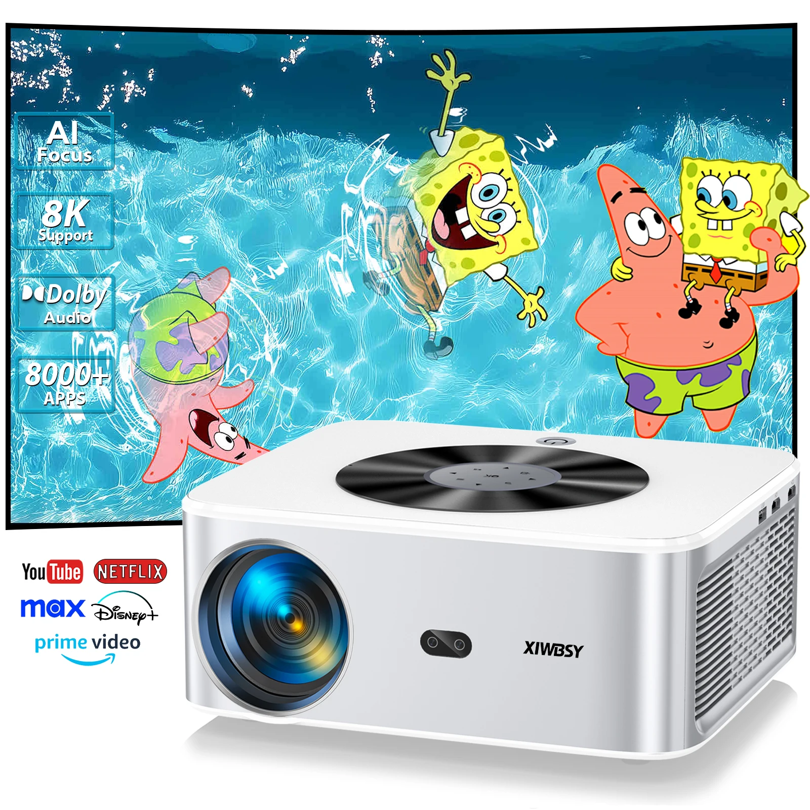 Portable Projector XIWBSY 1000ANSI Outdoor Projector 8K AutoFocus Android Projector 8k Video Home Theater Wifi6 BT5.2 Portable Proyector