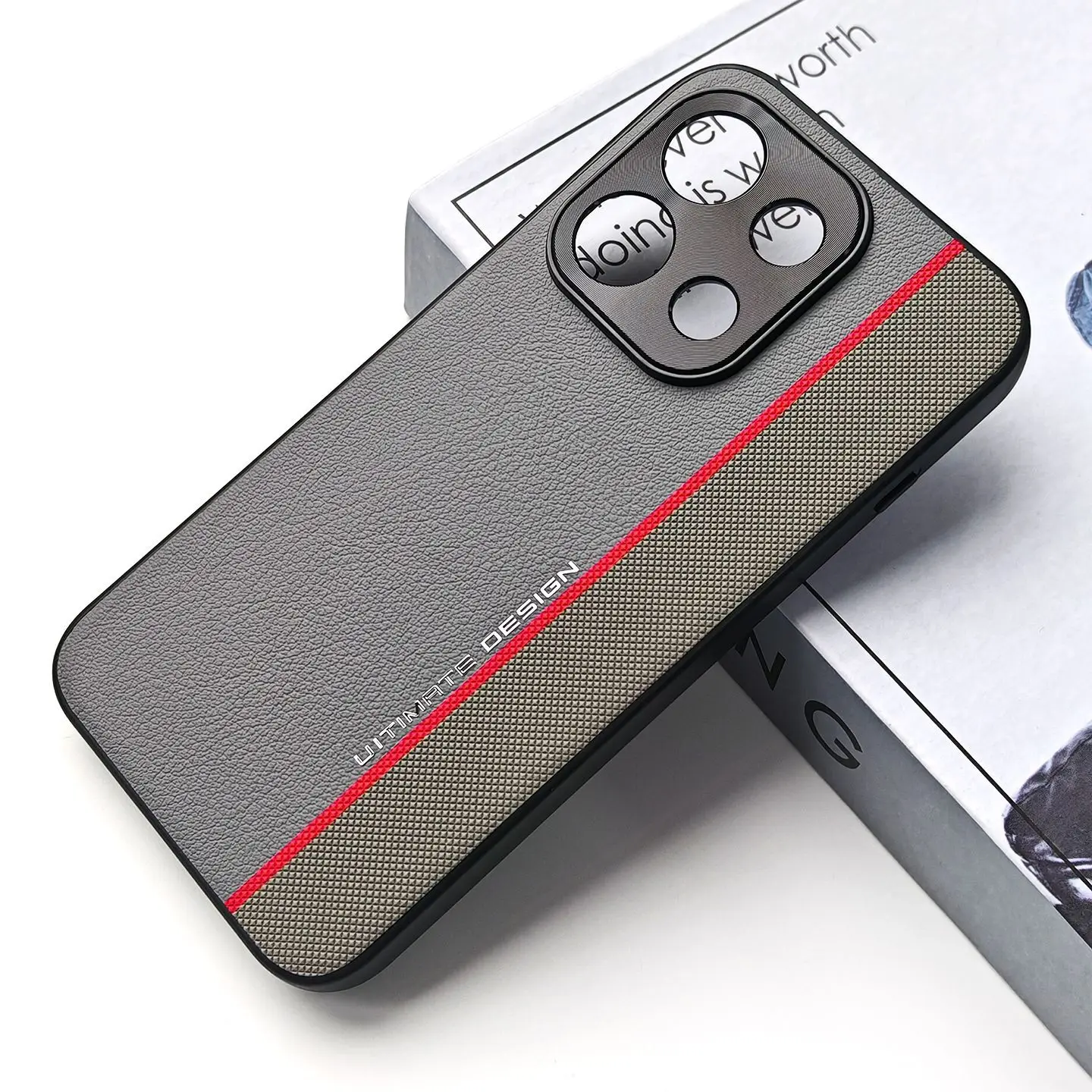 Stylish Red Line Textured PU Leather Phone Case with Metal Camera Protection and Shockproof Design