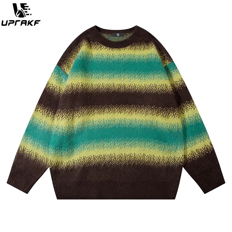UPRAKF Striped Sweater Loose Round Neck Winter Long Sleeves Warm Autumn Harajuku Casual Trendy Fashion