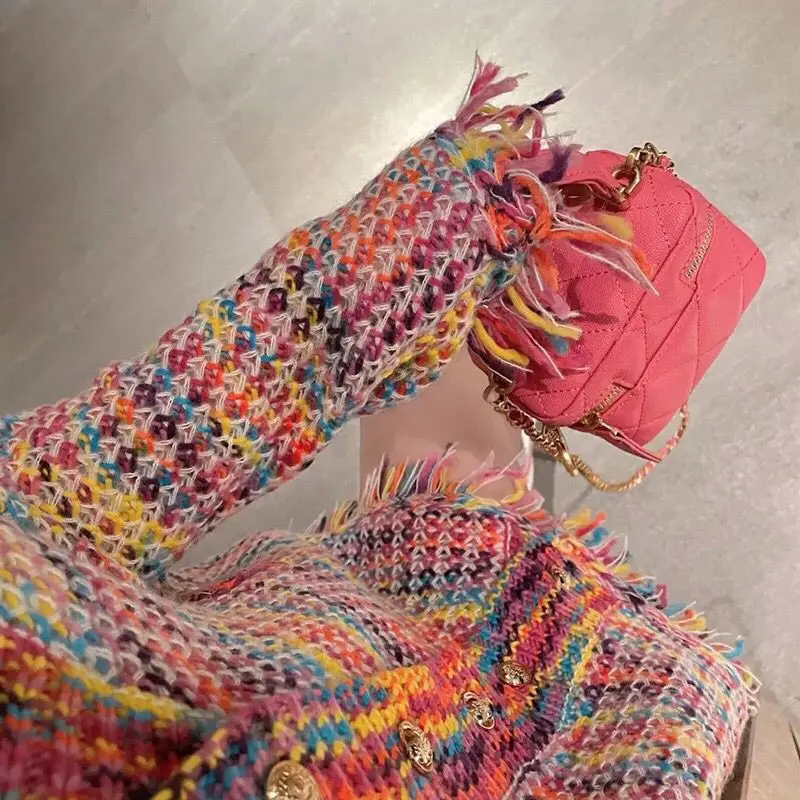 New Autumn Rainbow Color knitted Sweater Women Fashion V-Neck Tassel Decoration Cardigan Lady Retro Single-Breasted Casual Tops 4