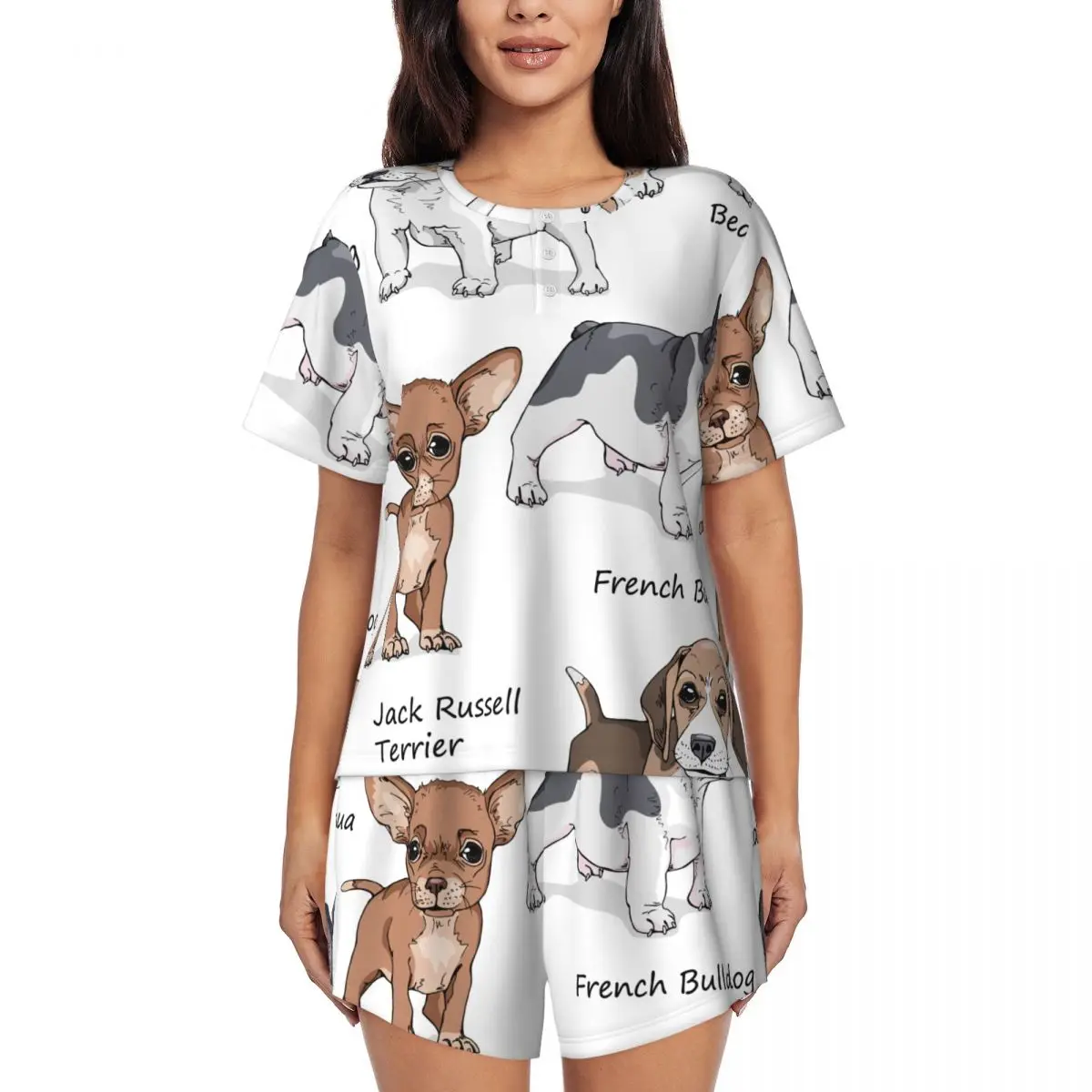 Woman Pajamas Set Cute Dogs French Bulldog Beagle Jack Russell Terrier Chihuahua Pug Summer Short-Sleeved Female Suit Homewear