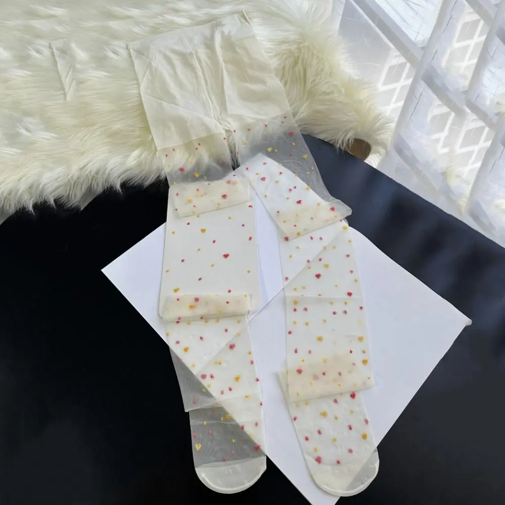 2Pcs Fashion Transparent Heart Long Tights Nylon Ultra-thin Colorful Dot Stockings Harajuku Lolita JK Style Leggings Women Girl
