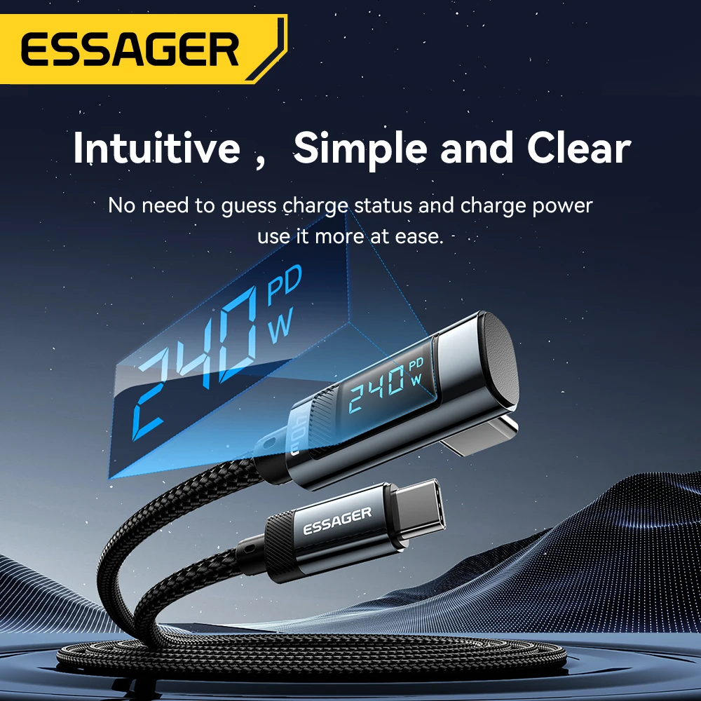 Essager 240W USB Type C To USB C Cable 90 Degree Angle PD Fast Charging Charger Wire For iPad MacBook Pro Xiaomi Samsung Huawei