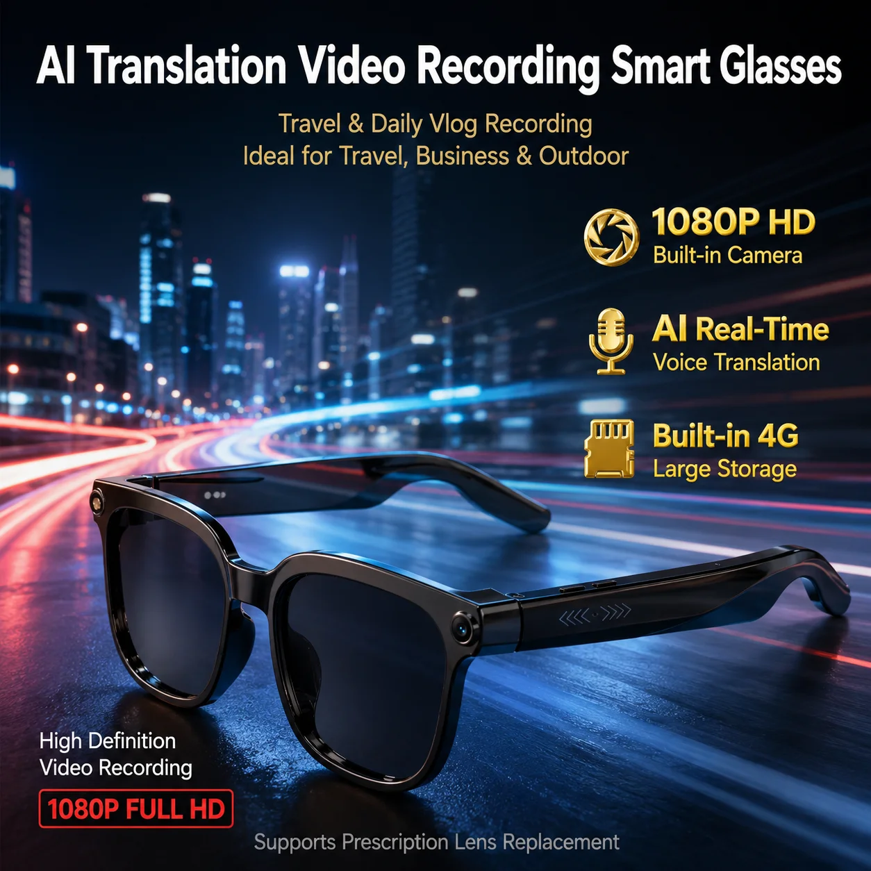 Nuovi Occhiali Smart AI 2026 con 4GB ROM, Registrazione Video HD 1080P, Fotocamera, Chiamate Bluetooth ChatGPT, Traduzione Linguistica, Musica, Occhiali da Sole Uomo
