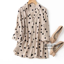 

Natural Silk Polka Dot Womens Tops Three Quarter Sleeve 2022 Summer Office Lady Notched Collar Single Breasted blouse