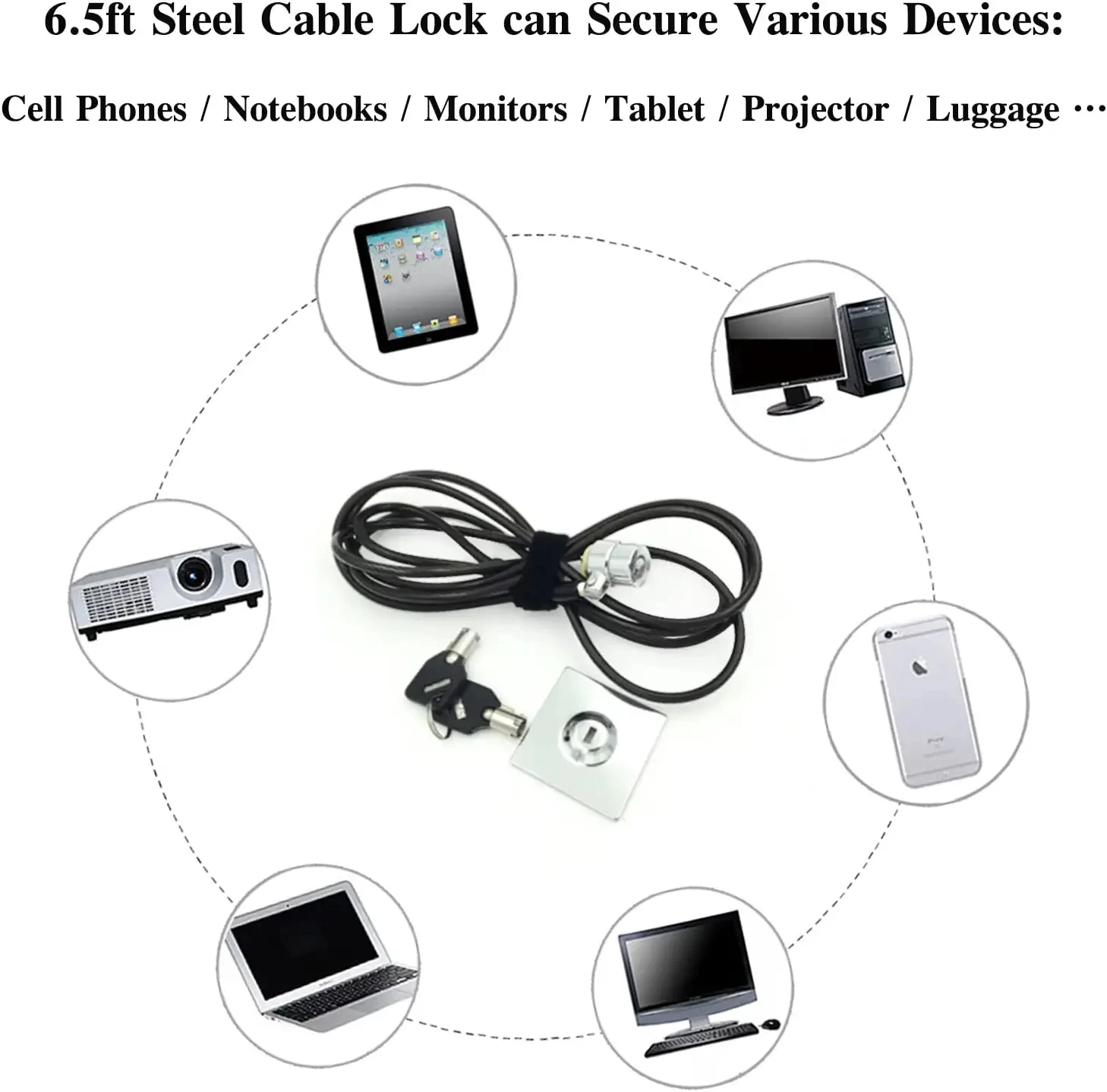 Laptop Lock with 6.5ft Steel Cable Universal Anti-Theft Lock for Home Office Store Notebook Tablets iPad Cellphone Commodities