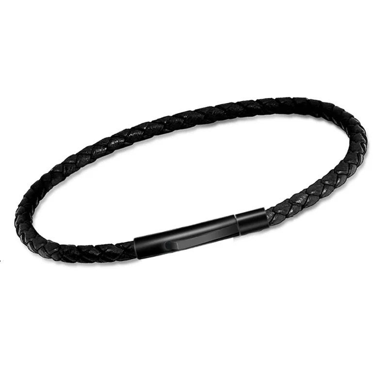 2mm 3mm Black Wrap Leather Braided Bracelet Steel Wire Bracelet Men Bangles Chain Link Male Charm Bracelet 16cm 18cm 20cm - Image 2