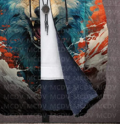 Men's Retro Print Plush Thick Long-Sleeved Coat Cardigan Wolf 3D Prined Fleece Hooded Overcoat Unisex Thick Warm Jacket