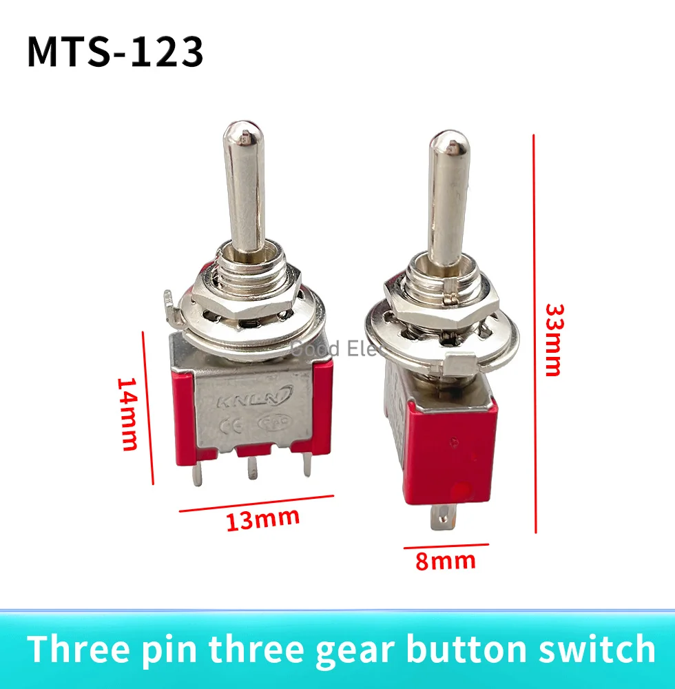Interruptores de palanca en miniatura, Mini MTS-123/MTS-103, 3 pines SPDT ON-OFF-ON, 6A, 125VAC, rojo momentáneo/bloqueo, 5 uds./10 Uds.