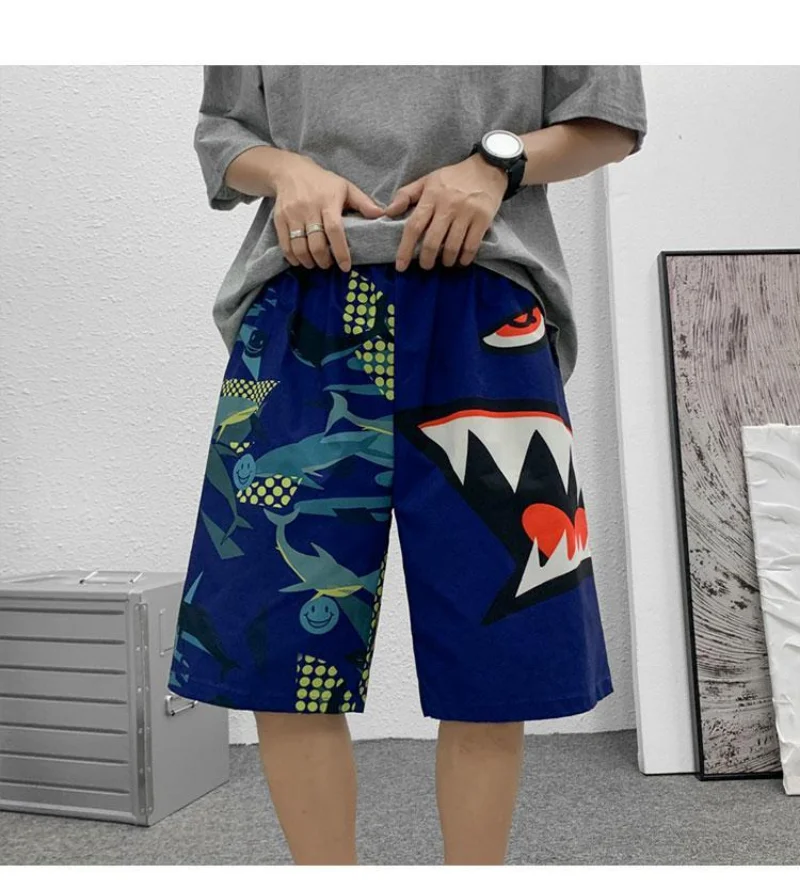 Summer 2023 New Shorts Casual Middle Waist Harajuku Fashion Camouflage Drawstring Shark Cartoon Camouflage Printing Clothing