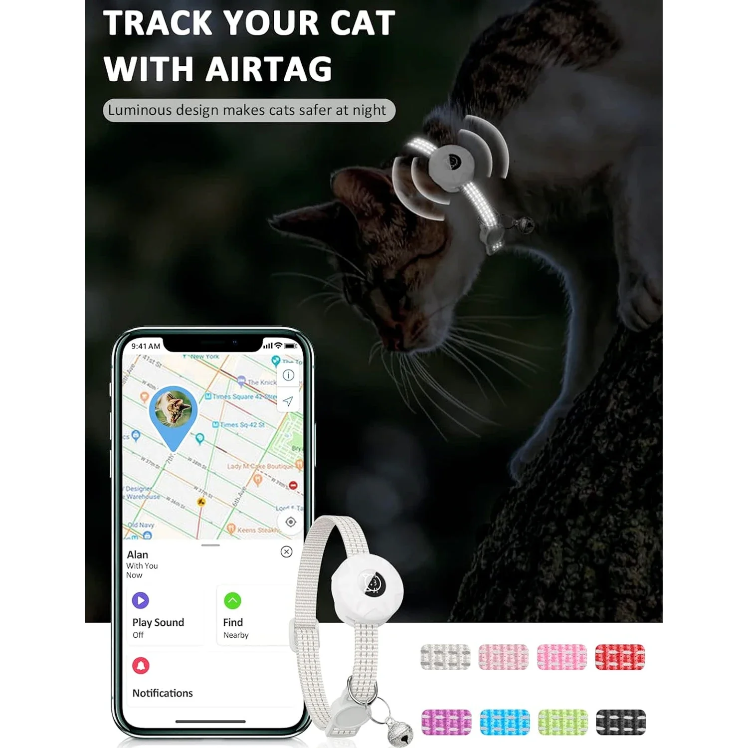 for Apple AirTag Cat Collar,Air Tag Pet Collar with airtag Holder and Bell Reflective GPS Kitten Collar for Girl Boy Cats gatos images - 6