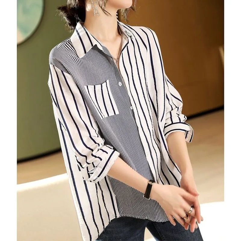 Stylish Asymmetrical Striped Button Shirt Female Spring Summer New Contrasting Colors Spliced Ladies Long Sleeve Pockets Blouse