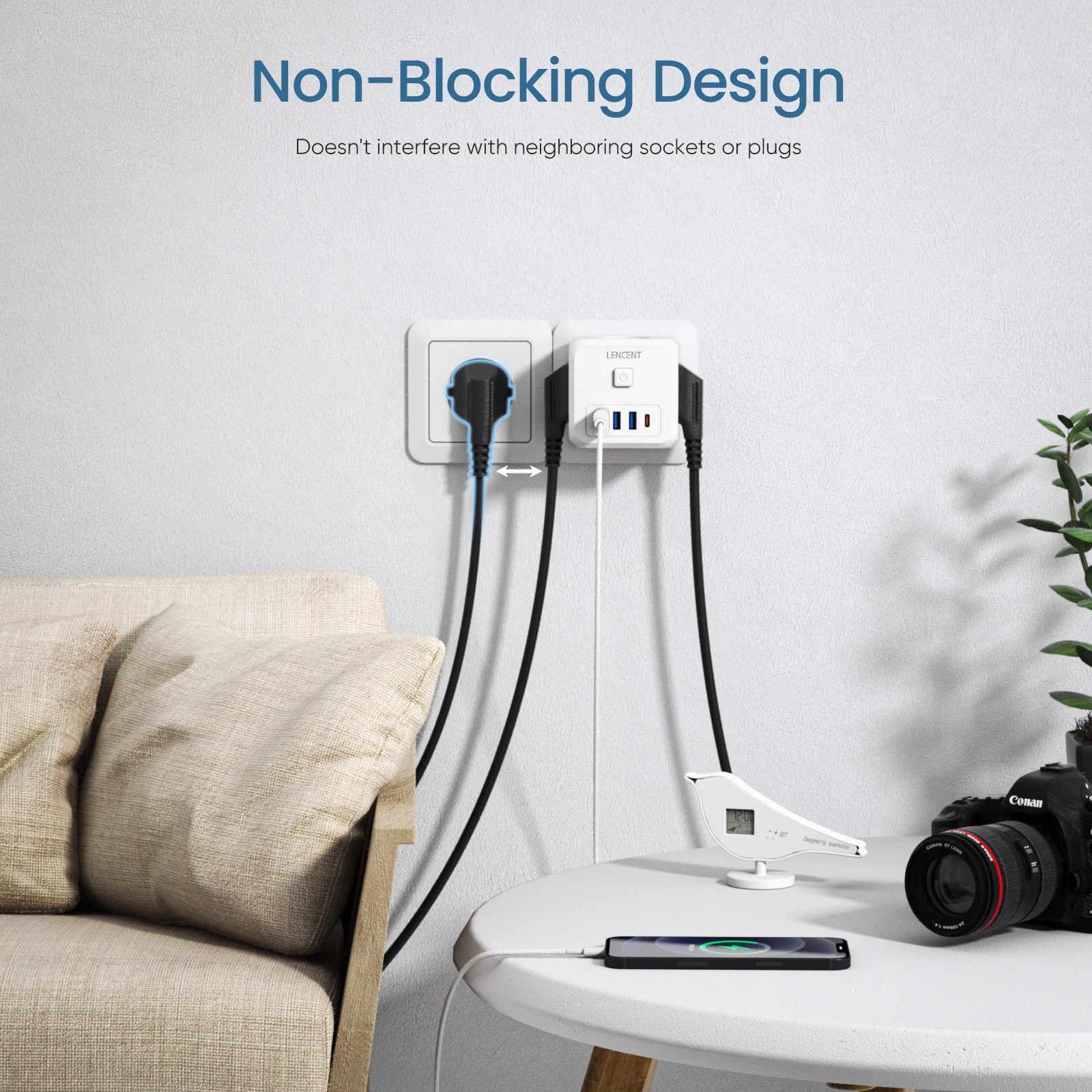 7-in-1 Wall Socket Extender 3 AC Outlets 3 USB Ports 1 Type C EU Plug Charger On/Off Switch For Home