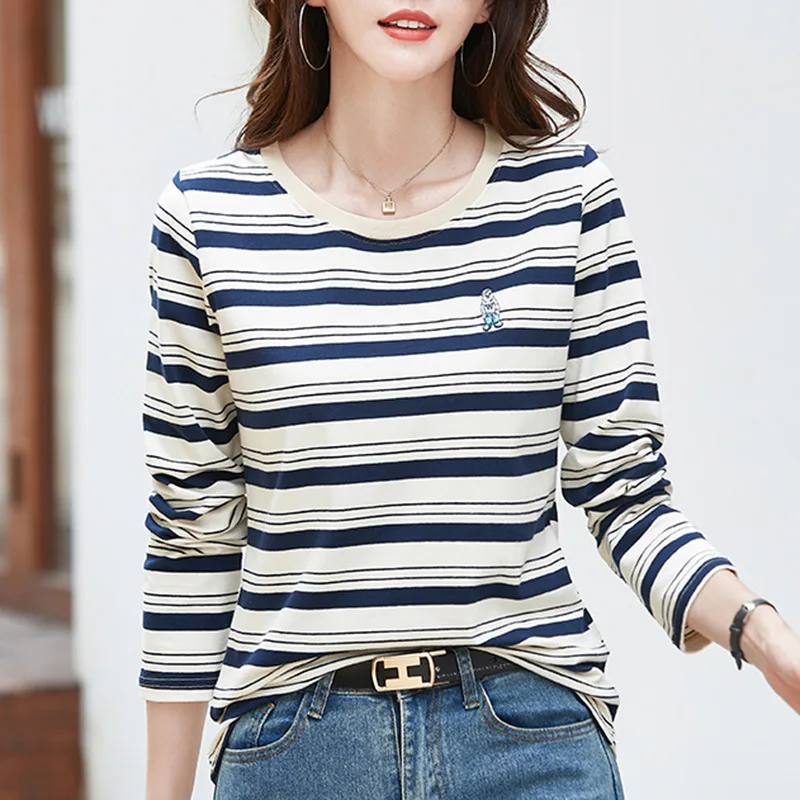 

Spring Autumn Women's Pullover Round Neck Embroidery Solid Striped Long Sleeve Undershirt Slim T-shirt Office Lady Casual Tops