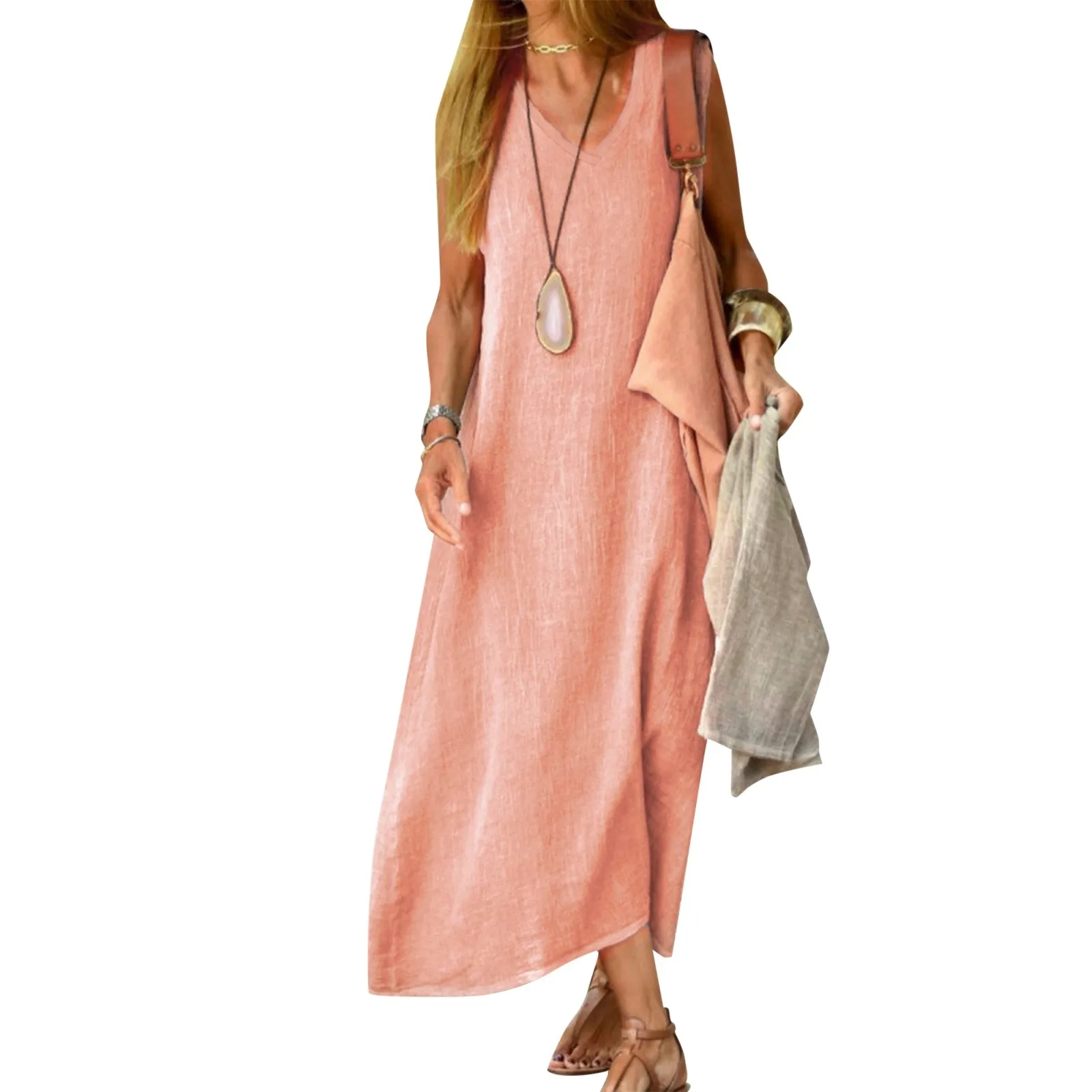 

2024 Summer Solid Color Women Long Dress V-neck Sleeveless Elegant Dresses Female Fashion Casual Holiady Beach Clothes Ladies