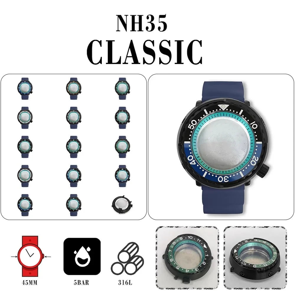 

PVD Black 45mm Can Case + Light Blue Shadow + Blue Rubber Strap Compatible with NH35/NH36 calibres