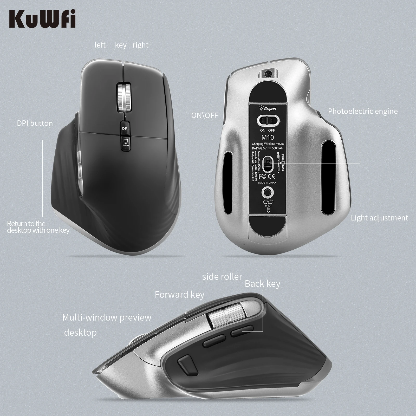 무선 블루투스 RGB 충전식 마우스, USB 음소거 LED 백라이트, 4000DPI 마우스, 인체 공학적 게이밍 마우스, 노트북 PC 게이머용