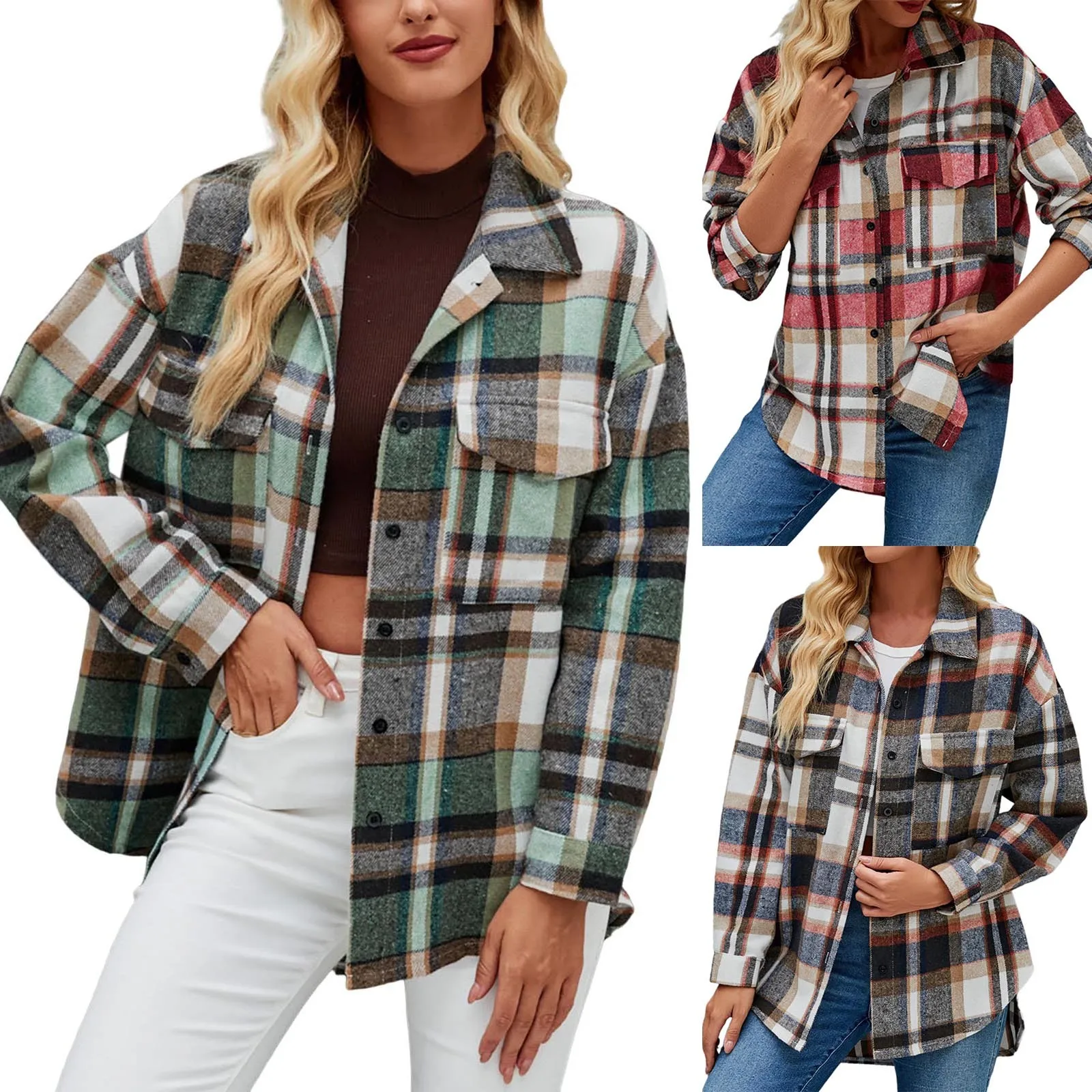 Women's Long Sleeve Woolen Plaid Jacket 5