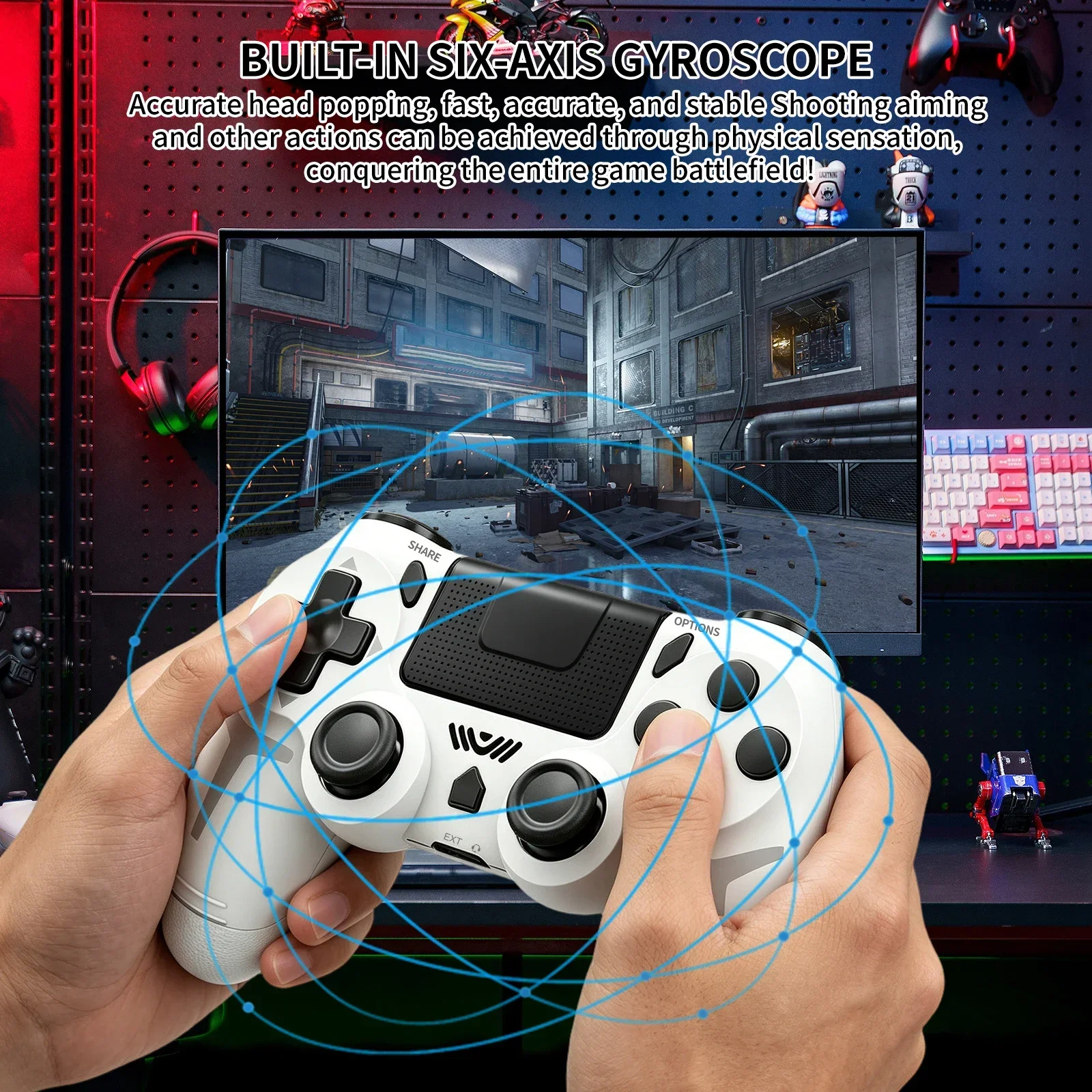 جهاز تحكم لاسلكي GAMINJA مزود بمستشعر حركة سداسي المحاور واهتزاز مزدوج ولوحة لمس، متوافق مع أجهزة PS4 وPS3 والكمبيوتر الشخصي.