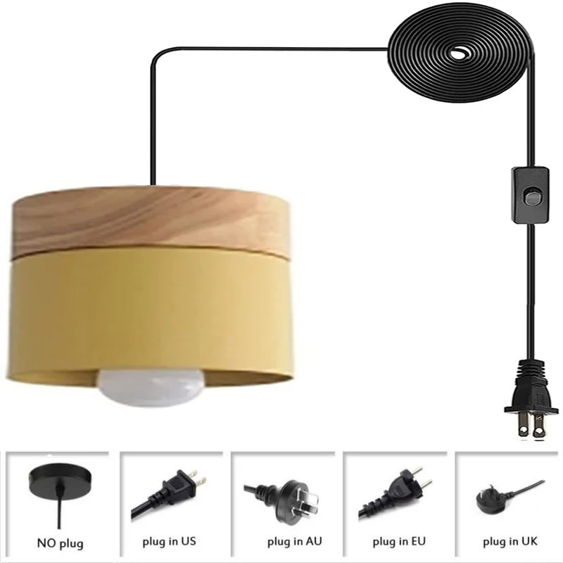 

Modern Style Metal Hanging Light Nordic Gray Pendant Light Fixture Macaron Colors Cylindrical Metal Pendant Lighting Wooden Plug