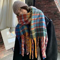 Ins Rainbow Grid Scarf Women'S Winter Warm Thick Knitted Neck Long Shawl 1