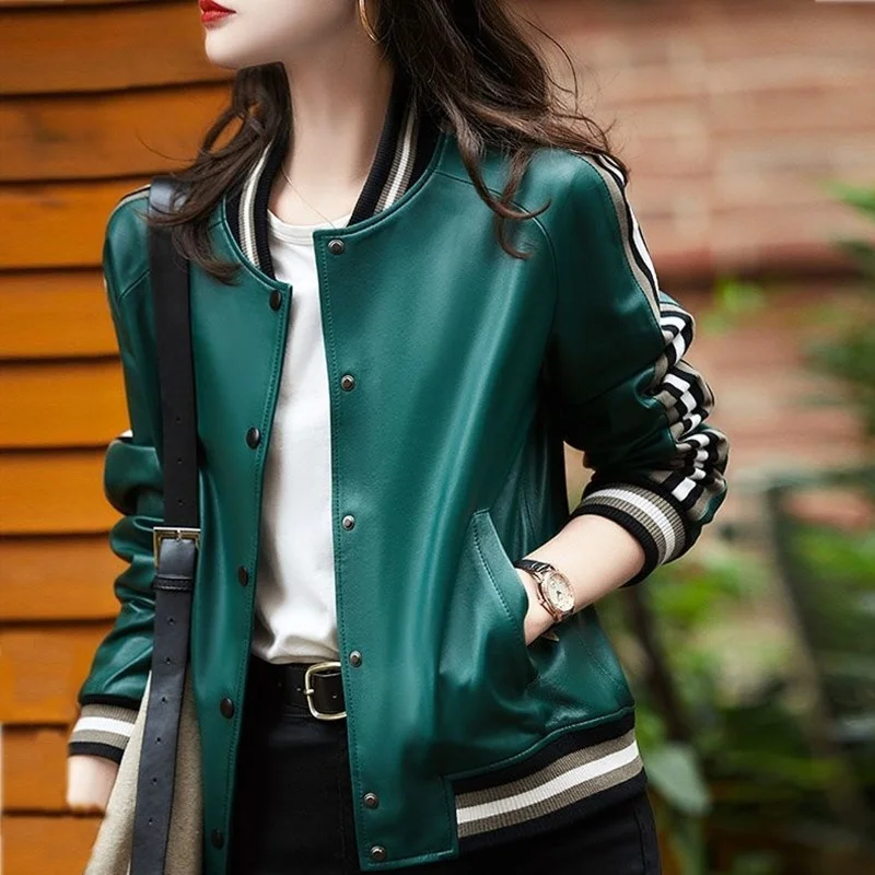 

Short Sheepskin Tops Cropped Jacket Women Spring Autumn Green Genuine Leather Contrast Color Baseball jacket Female