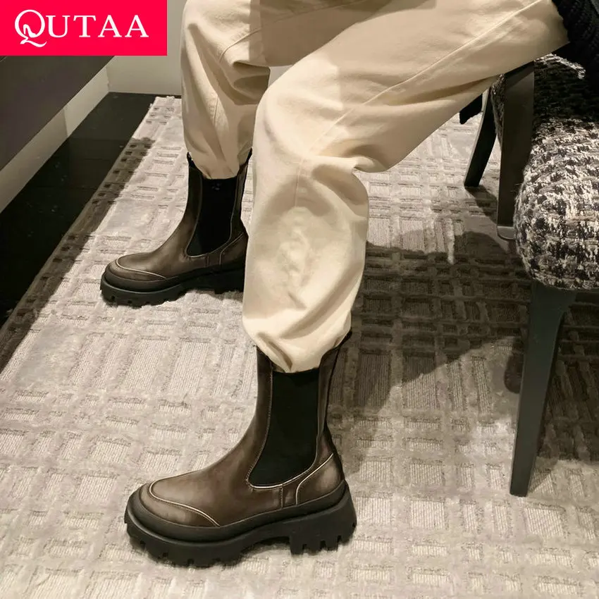 

QUTAA/2024 г. Женские ботильоны из натуральной кожи обувь «Челси» на толстом среднем каблуке с круглым носком Женская Офисная обувь осень-зима, размеры 34-39