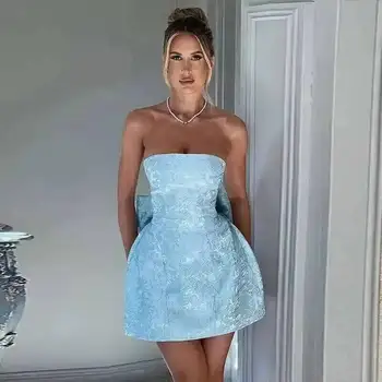 Townlike Jacquard Waist Wrap A-line Dress Women Mini 2024 Spring Summer Dress Elegant Bow Backless Sexy Party Dresses 1