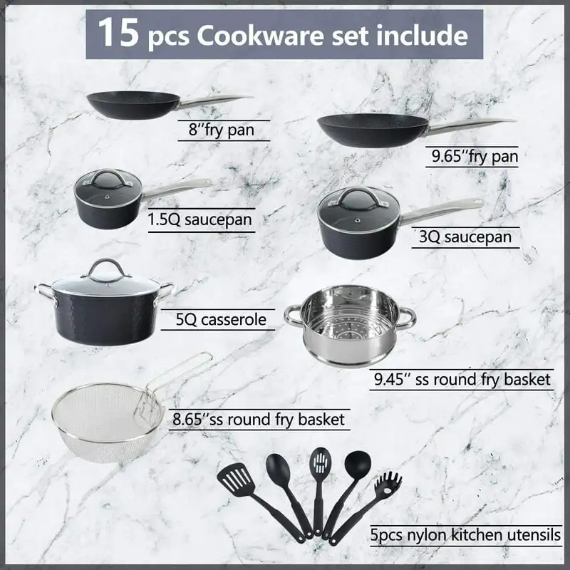 MF Studio 15 Piece Nonstick Kitchen Cookware Sets - Granite Hammered Pots  and Pans Set, Induction & Dishwasher Safe (Black) 