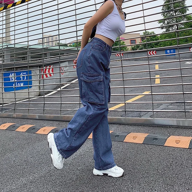 Retro Big Pocket Loose Straight Jeans Women Blue High Waist Casual Pants Spring Autumn Fashion Street Denim Pants Long Trousers
