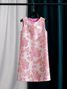 2026 Women Pink Jacquard Gold Foil Sleeveless Tank Dress Round Neck Summer Elegant Party Dress 1