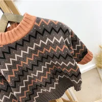 Autumn Winter Infant Baby Boy Sweater Cotton Wave Striped Long Sleeve Kid Boy Pullovers Round Collar Velvet Toddler Boy Knitwear 4