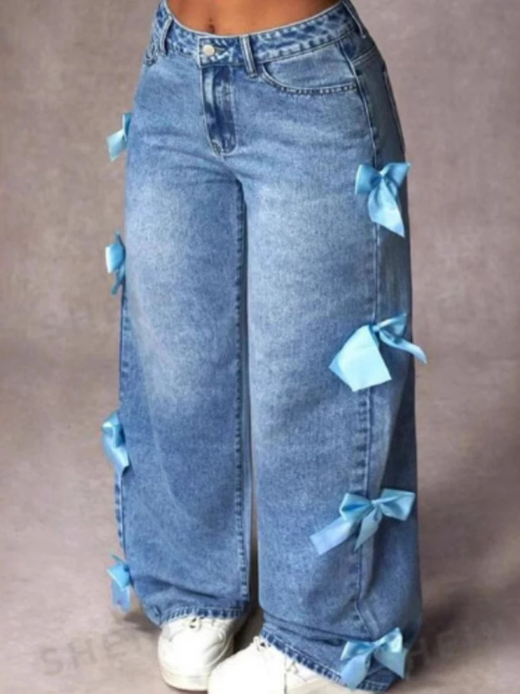 HOUZHOU Women Casual Bowknot Decor Jeans Y2k Blue Baggy Denim Trousers Loose Straight Sweet Coquette Aesthetic Washed Jeans 5